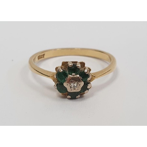 474 - Green and white stone cluster ring, marked 18ct, finger size M, approx. 3g