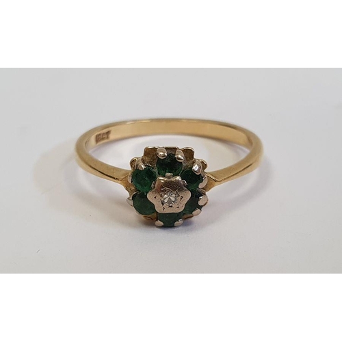 474 - Green and white stone cluster ring, marked 18ct, finger size M, approx. 3g