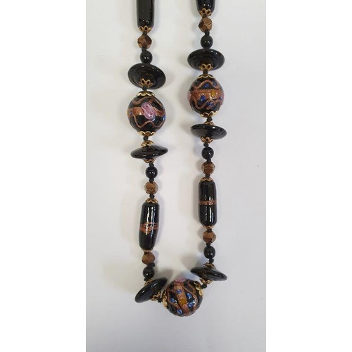 485 - Probably Edwardian aventurine and enamelled glass necklace with variously shaped beads and an EPNS m... 