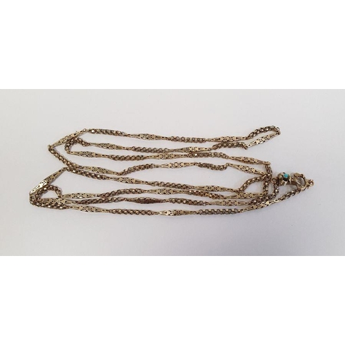 501 - Victorian gold-coloured guard chain with alternating fancy links and with a clasp modelled as a hand... 