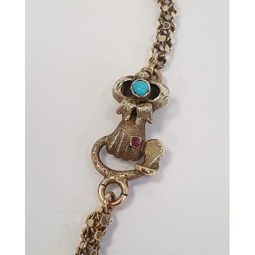 501 - Victorian gold-coloured guard chain with alternating fancy links and with a clasp modelled as a hand... 