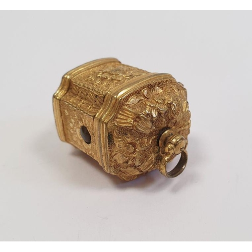 520 - A 19th century gilt metal etui, tapering octagonal shaped, relief decorated with flowers and figures... 