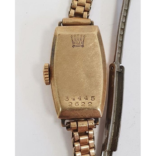 586 - Lady's 1920's/30's 9ct gold Rolex wristwatch with convex sided oblong dial and the rolled gold flexi... 