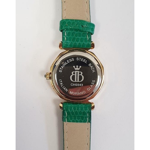 592 - Brooks and Bentley Rialto gilt metal and millefiori wristwatch with green crocodile effect strap in ... 