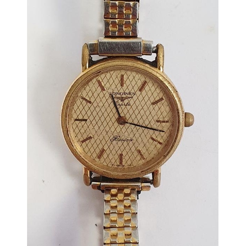 601 - Lady's gilt metal strap watch, the dial inscribed Longines, with baton markers, on expanding bracele... 