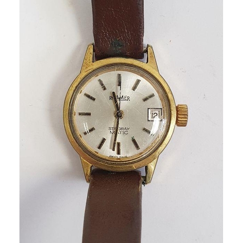 601 - Lady's gilt metal strap watch, the dial inscribed Longines, with baton markers, on expanding bracele... 