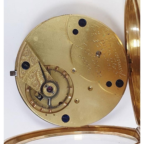 603 - Gents 18ct gold keyless lever open-faced pocket watch, Roman numerals and subsidiary seconds dial