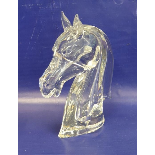 84 - Vilca glass model of a horse's head, with etched signature to base, 32cm high