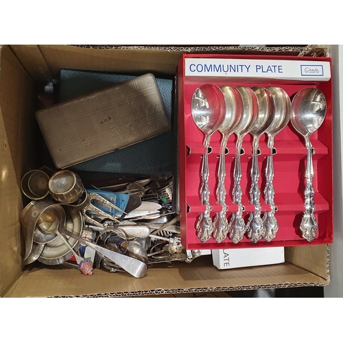 322 - Large quantity of assorted plated ware, teapots, sifters, flatware, etc (2 boxes)