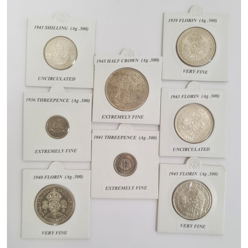 354A - Eight George VI silver coins, labelled, in sealed containers, from very fine to uncirculated, a nice... 