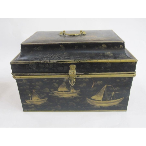 108 - A black tin box painted with ships at sea 39cm x 25cm and a pine box 43.5cm x 27cm approx. (2)