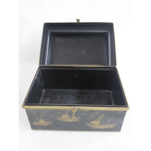 108 - A black tin box painted with ships at sea 39cm x 25cm and a pine box 43.5cm x 27cm approx. (2)