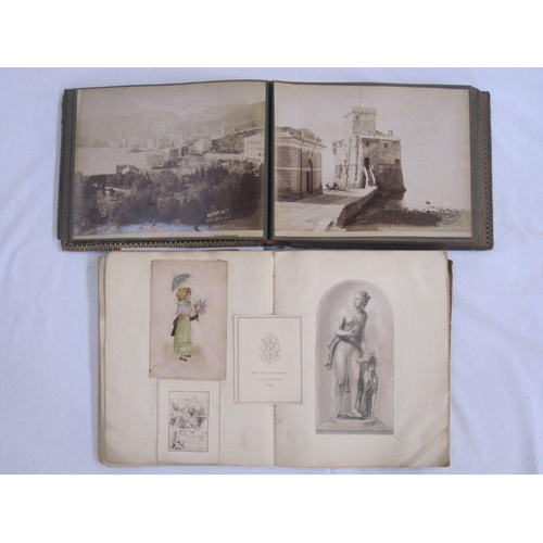 128 - Late 19th/early 20th century scrapbook containing drawings, cut-outs, greetings cards, prints, lands... 