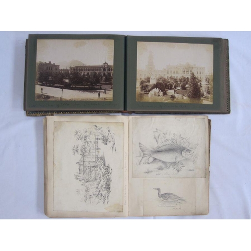 128 - Late 19th/early 20th century scrapbook containing drawings, cut-outs, greetings cards, prints, lands... 