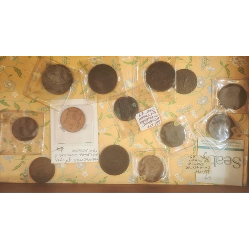 144 - Large collection of 18th century tokens including pennies and half pennies, in various grades, from ... 