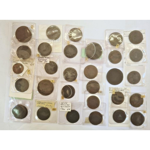 144 - Large collection of 18th century tokens including pennies and half pennies, in various grades, from ... 