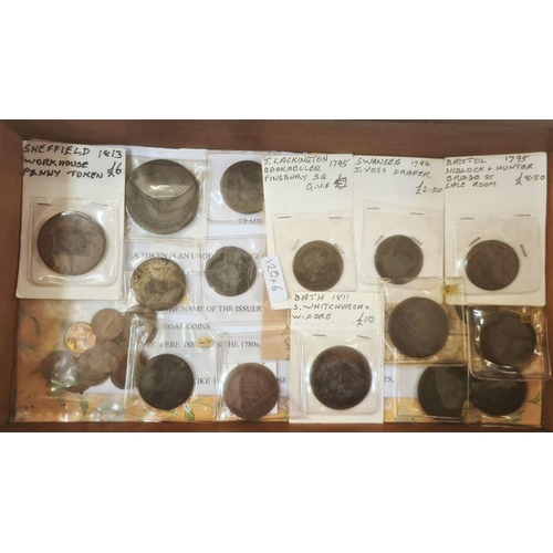 144 - Large collection of 18th century tokens including pennies and half pennies, in various grades, from ... 