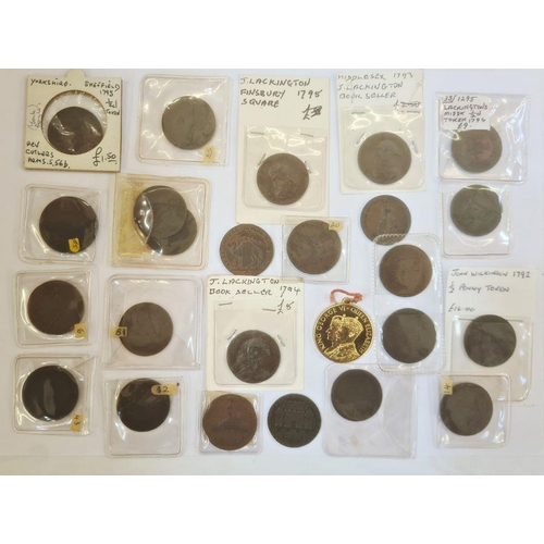 144 - Large collection of 18th century tokens including pennies and half pennies, in various grades, from ... 