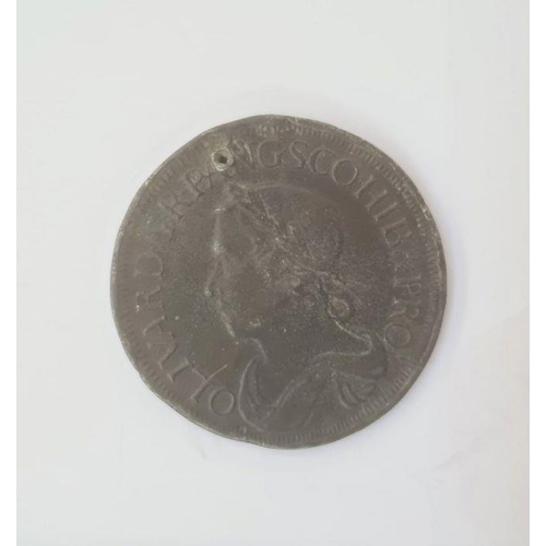 196 - Interesting lot, stuck on lead, crown portrait of Oliver Cromwell (obverse) with reverse of common w... 