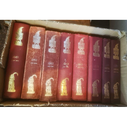 390 - Complete run of Punch magazine, mainly red bindings with gilt and blindstamped decorations to front ... 