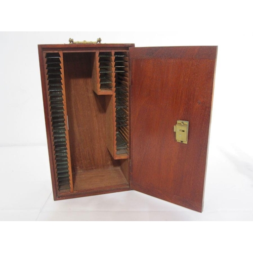 91 - Mahogany cased microscope with various glass slides (mostly empty) and set of boxed glass circles