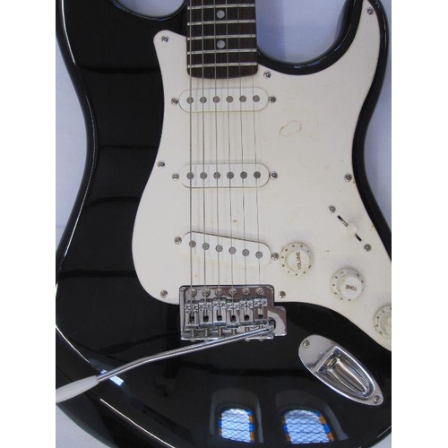 97 - Squier Strat by Fender electric guitar with Emex European hard case, 100cm long approx.