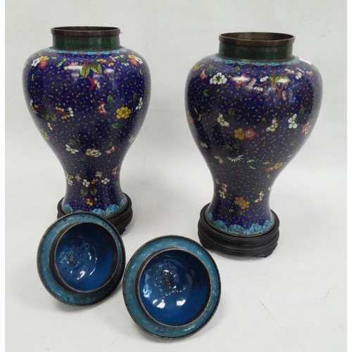 104 - Pair Chinese cloisonne enamel inverse baluster vases, each with high domed cover and allover scrolli... 