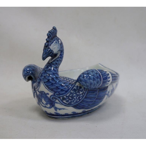 107 - Underglaze blue decorated Asian dish in the form of a rooster, 21cm wide