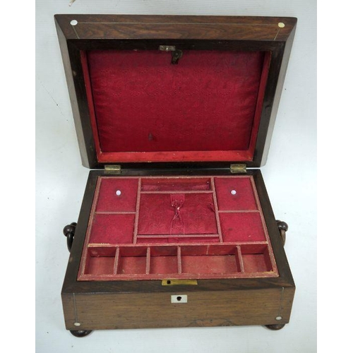 1071 - 19th century rosewood and mother-of-pearl inlaid jewellery box on squat bun feet and turned rosewood... 