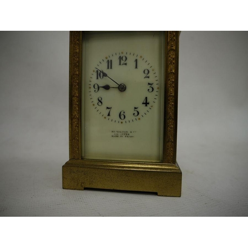 1083 - Late 19th century glass and brass carriage clock with Arabic numerals to the dial, marked 'Hamilton ... 