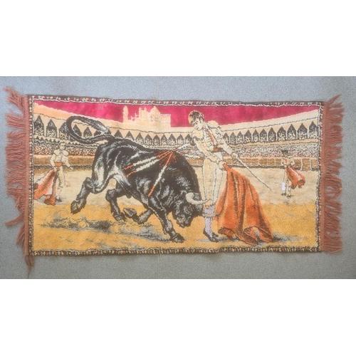 1096A - Modern cream ground runner, decorated in red, modern Spanish bull fighter textile, and a miniature s... 