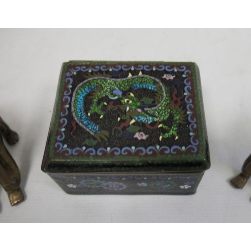 111 - Japanese cloisonne enamel box, rectangular with dragon decoration, 10cm wide and a pair of brass mod... 