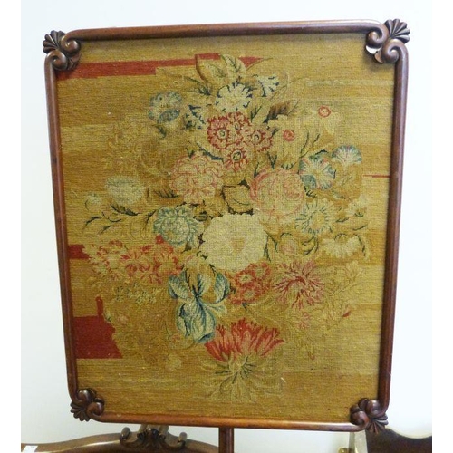 1156 - 19th century mahogany polescreen with needlework decoration, baluster turned supports, cylindrical b... 