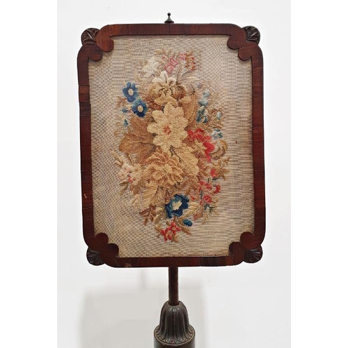 1161 - Mahogany framed needlework polescreen with needlework floral spray, reeded supports