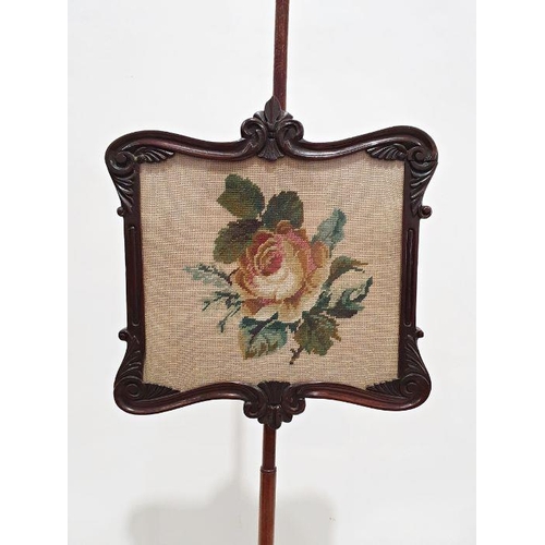 1162 - 19th century rosewood needlework polescreen with floral spray, on baluster turned and carved column ... 