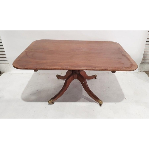 1174 - Mahogany and banded snap-top table, of rectangular form with rounded corners, on single pedestal