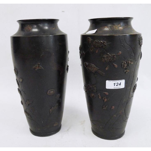 124 - Pair of Japanese and partly gilded bronze vases, each shouldered and tapering, embossed with birds o... 