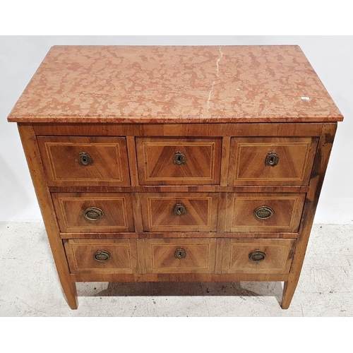 1242 - 19th century continental marble-topped walnut chest of three short and two long drawers all with box... 