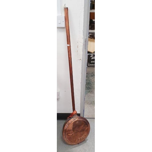 128 - Copper bed warming pan, with tubular copper handle