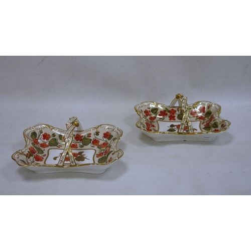 13 - Pair of Spode 'Felspar' porcelain handled rectangular baskets, red pansy decorated with gilt highlig... 