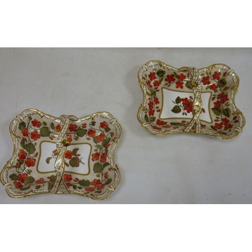 13 - Pair of Spode 'Felspar' porcelain handled rectangular baskets, red pansy decorated with gilt highlig... 