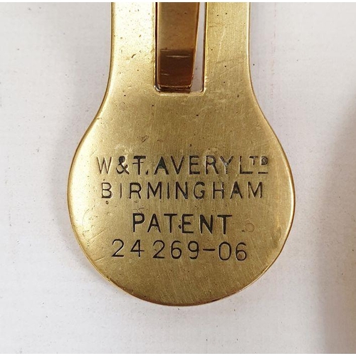 130 - Pair of W&T Avery Limited brass pan balance scales, patent 24269-06 and four weights