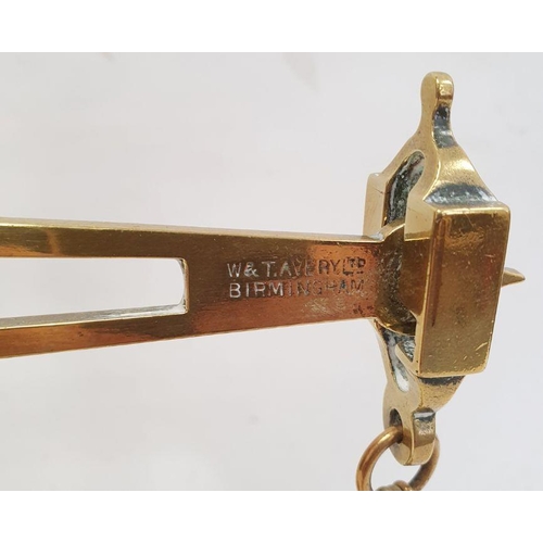 130 - Pair of W&T Avery Limited brass pan balance scales, patent 24269-06 and four weights