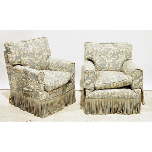 1468 - Pair of reproduction armchairs in the manner of Howard and Sons, in white and blue upholstery, on sq... 