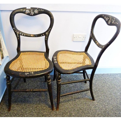 1477 - Pair of early 20th century mother-of-pearl inlaid and painted bedroom chairs with cane seats, on tur... 