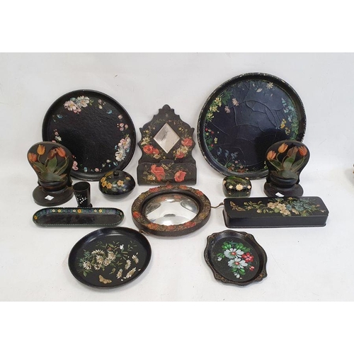 157 - Papiermache glove box, floral decorated, a papiermache tray and similar items to include bookends an... 