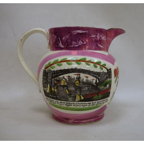 16 - Early 19th century pink Sunderland lustre jug, transfer printed 'A West View of the Iron Bridge at S... 