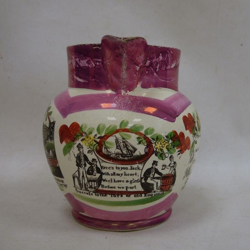 16 - Early 19th century pink Sunderland lustre jug, transfer printed 'A West View of the Iron Bridge at S... 