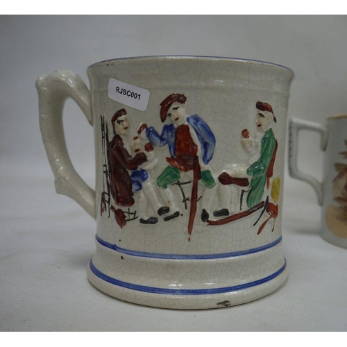 18 - 19th century Staffordshire 'Frog' tankard, a two-handled mug, E.M.& Co, two other mugs and a Cauldon... 