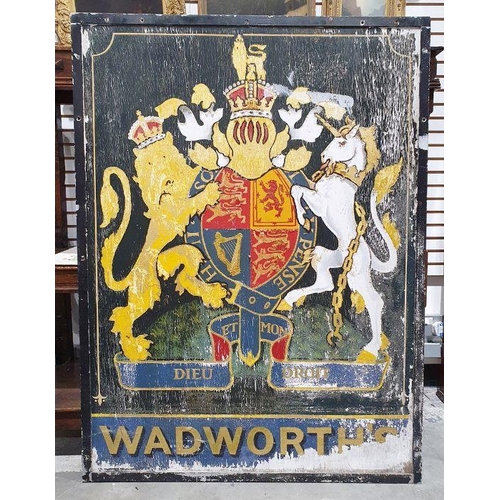 202 - Old Wadworth painted wood double-sided sign with armorial bearings, 123cm x 92cm